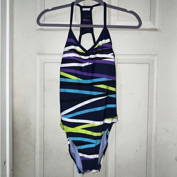 C9 Champion One Piece Open Back Swimsuit Wmn’s Sz S Neon Stripes Removable Pads‎ - Picture 1 of 8